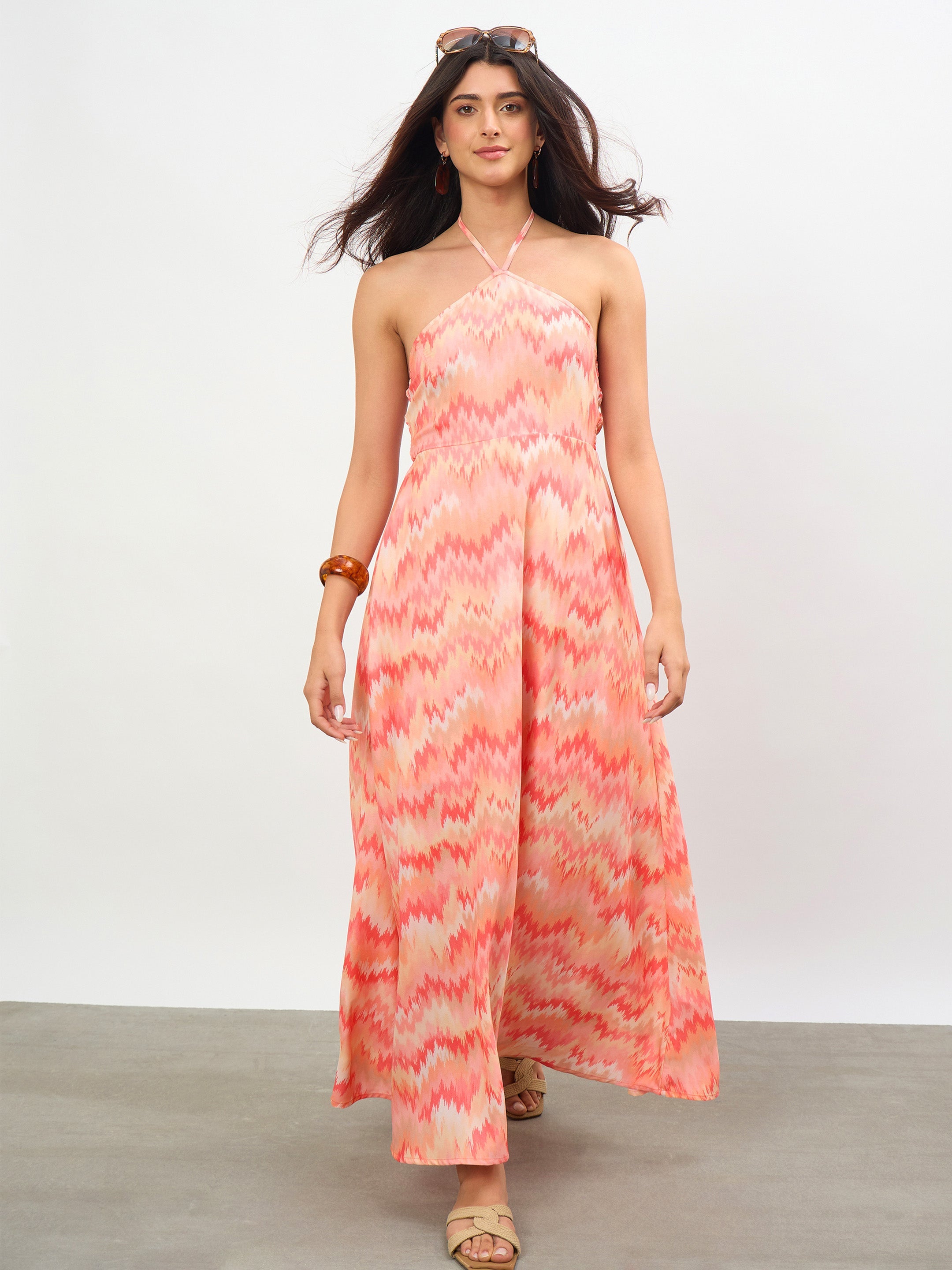 Women Orange Ikkat Back Tie Halter Neck Maxi Dress