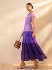 Women Purple Colour Blocked Frill Sleeves Tiered Maxi Dress
