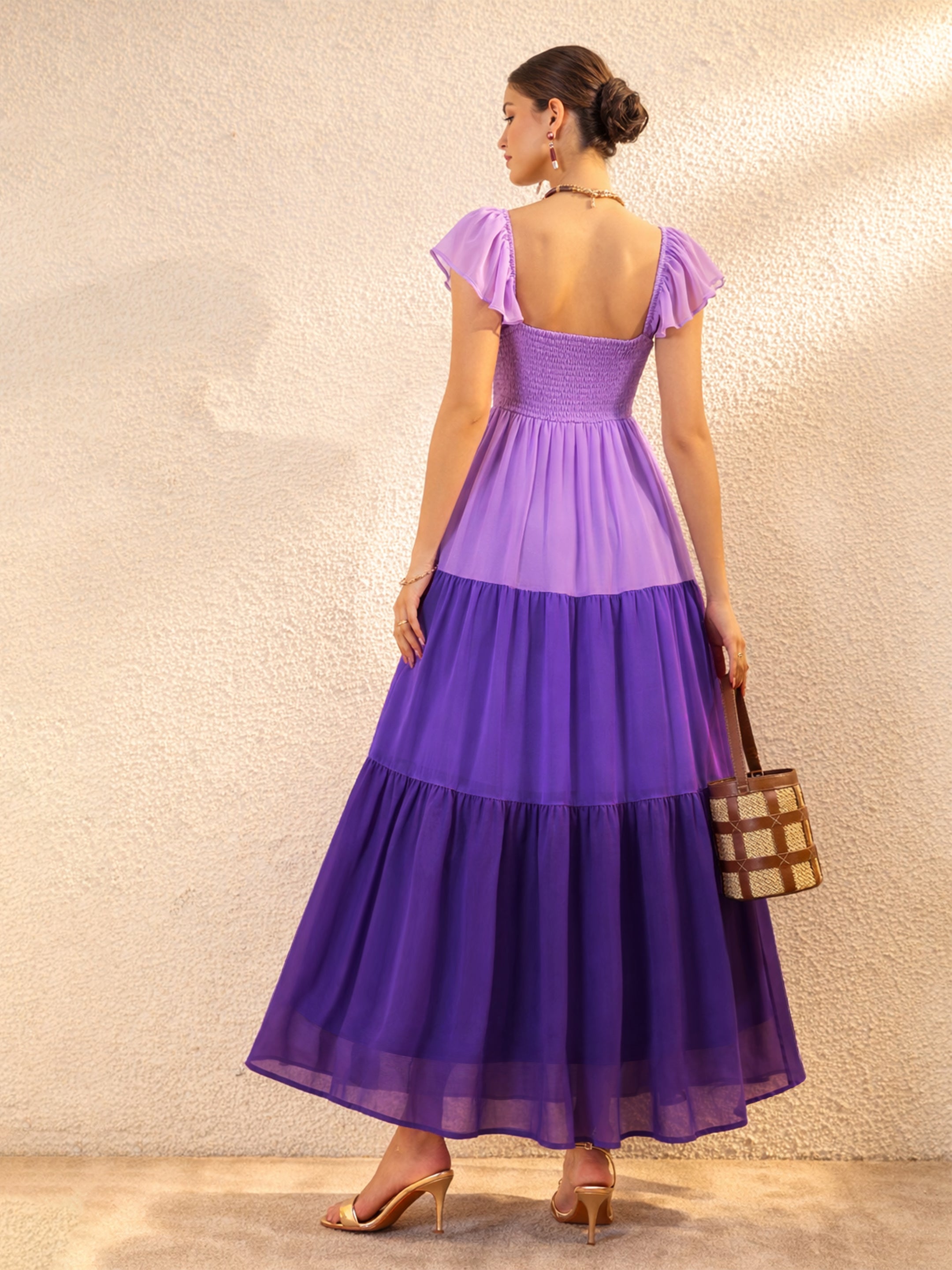Women Purple Colour Blocked Frill Sleeves Tiered Maxi Dress