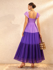 Women Purple Colour Blocked Frill Sleeves Tiered Maxi Dress