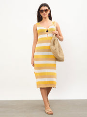 Women Mustard Crochet Sleeveless Beach Midi Dress