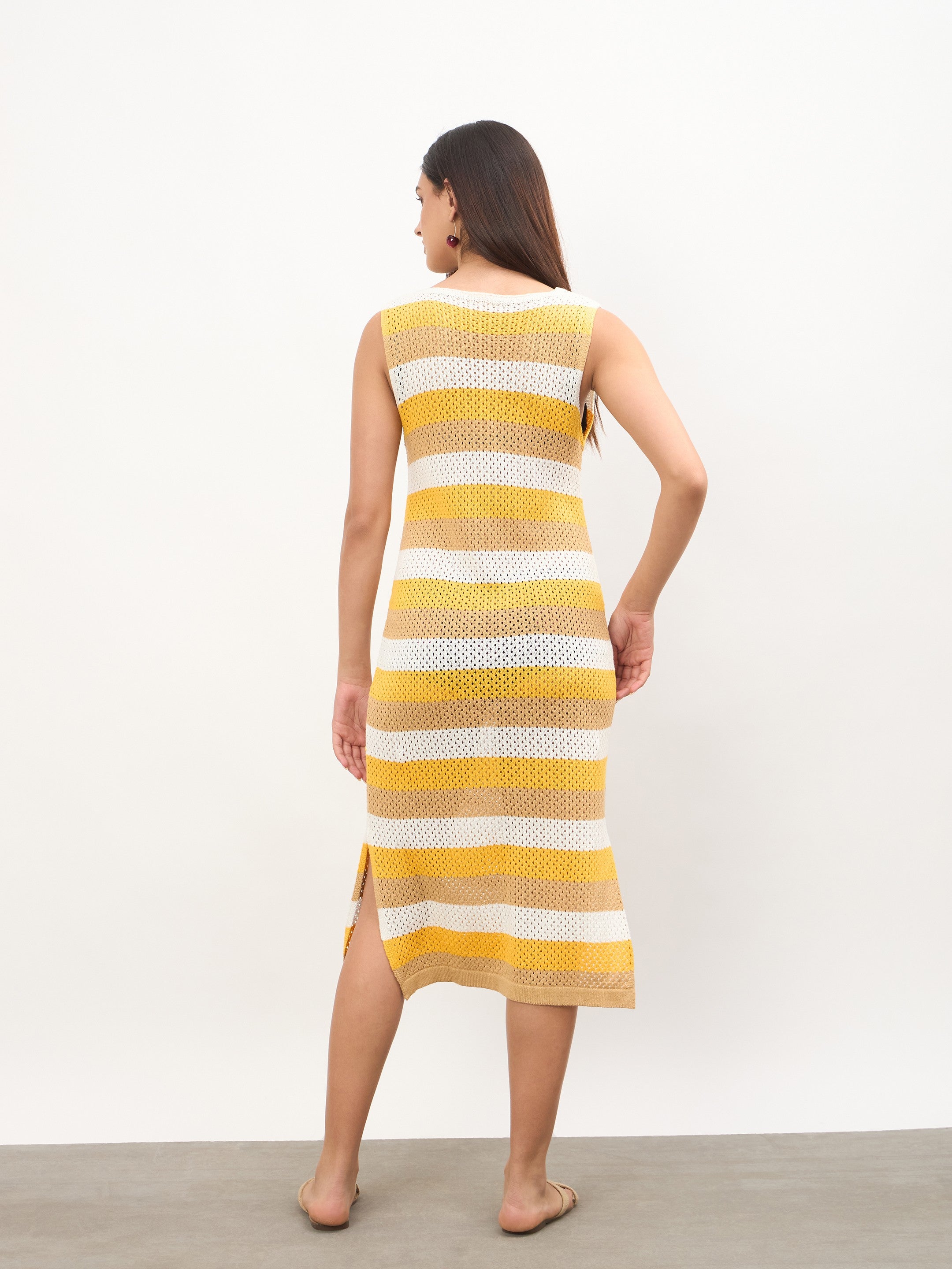Women Mustard Crochet Sleeveless Beach Midi Dress