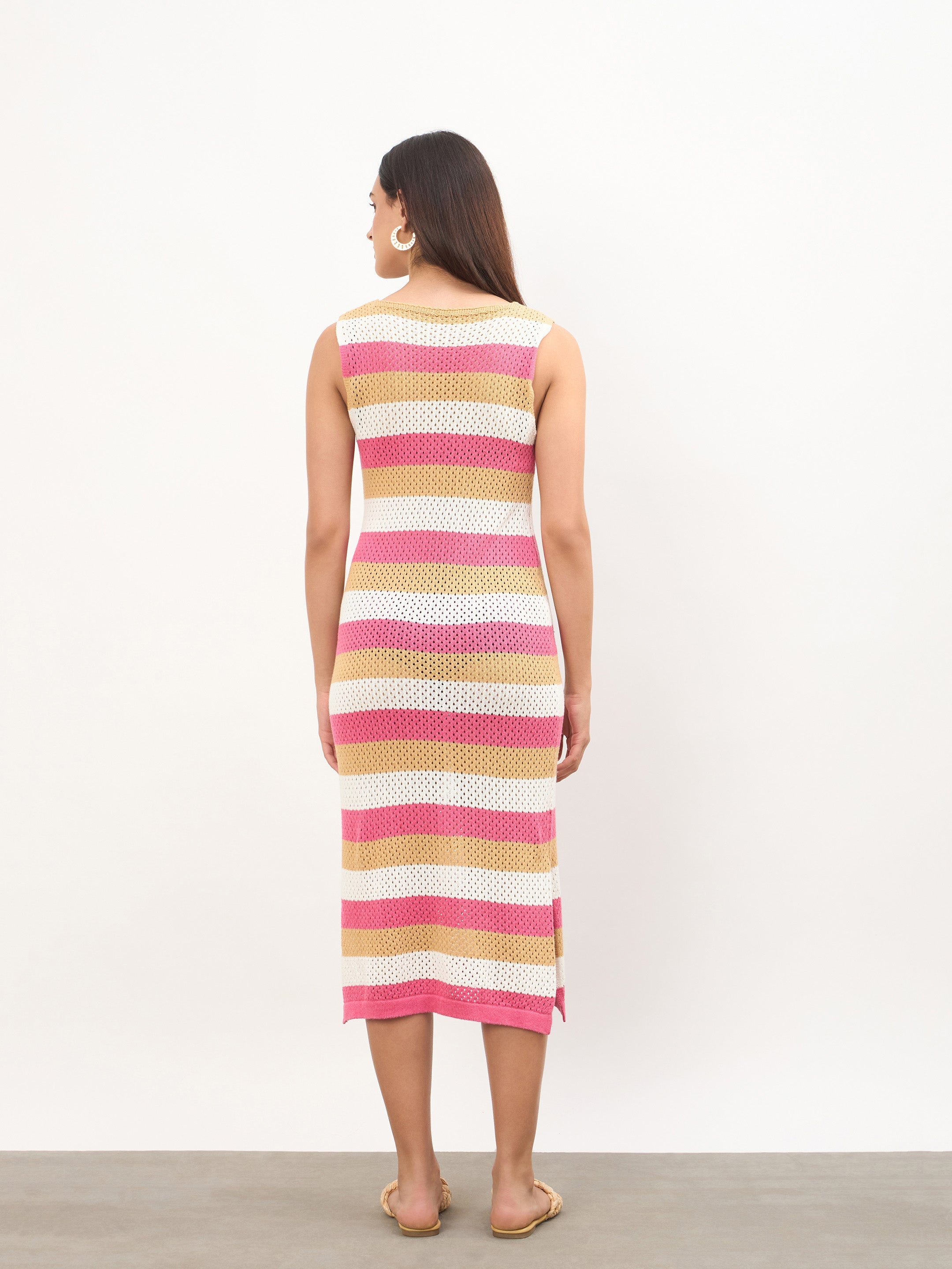 Women Pink Crochet Sleeveless Beach Midi Dress