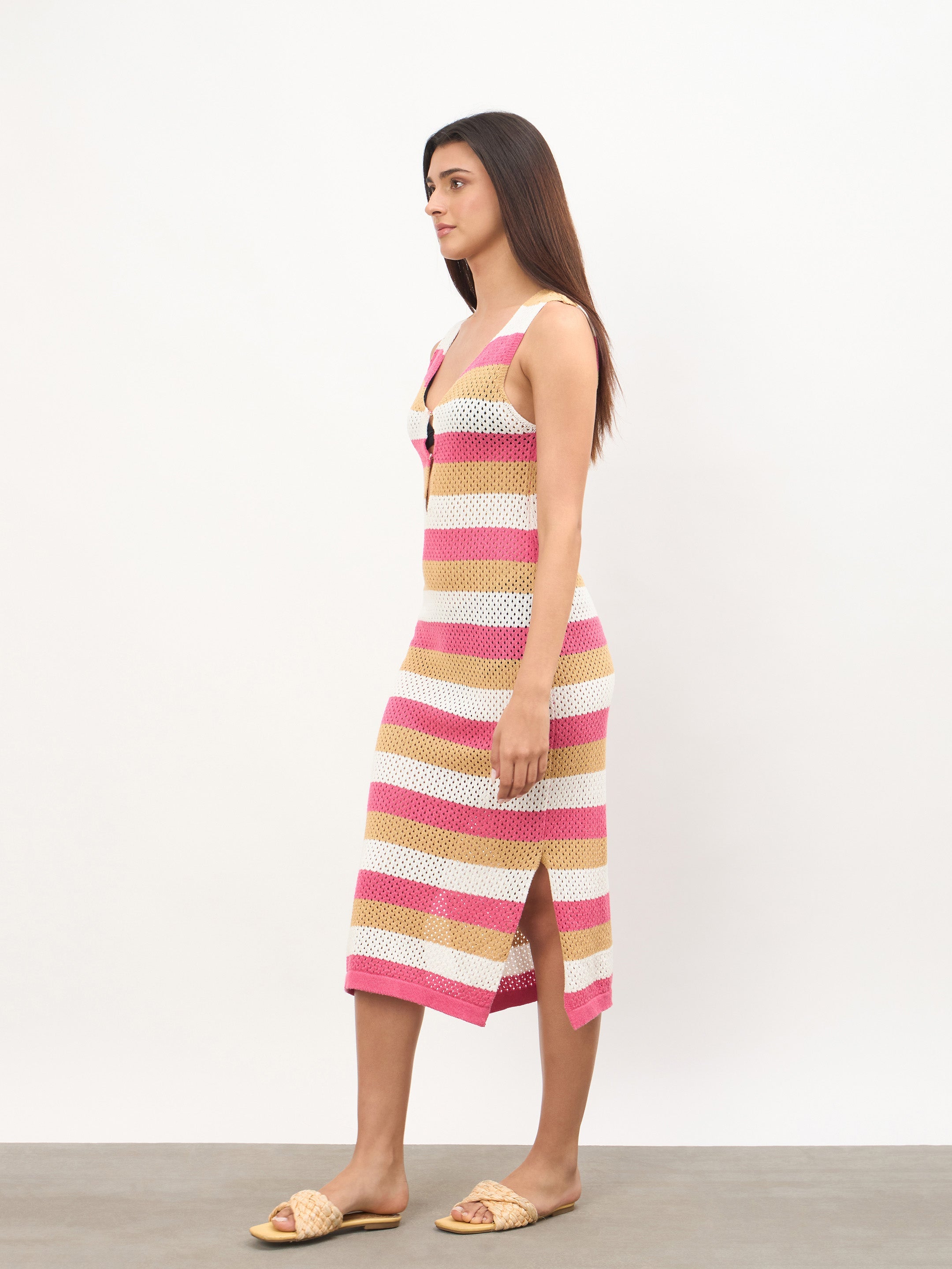 Women Pink Crochet Sleeveless Beach Midi Dress
