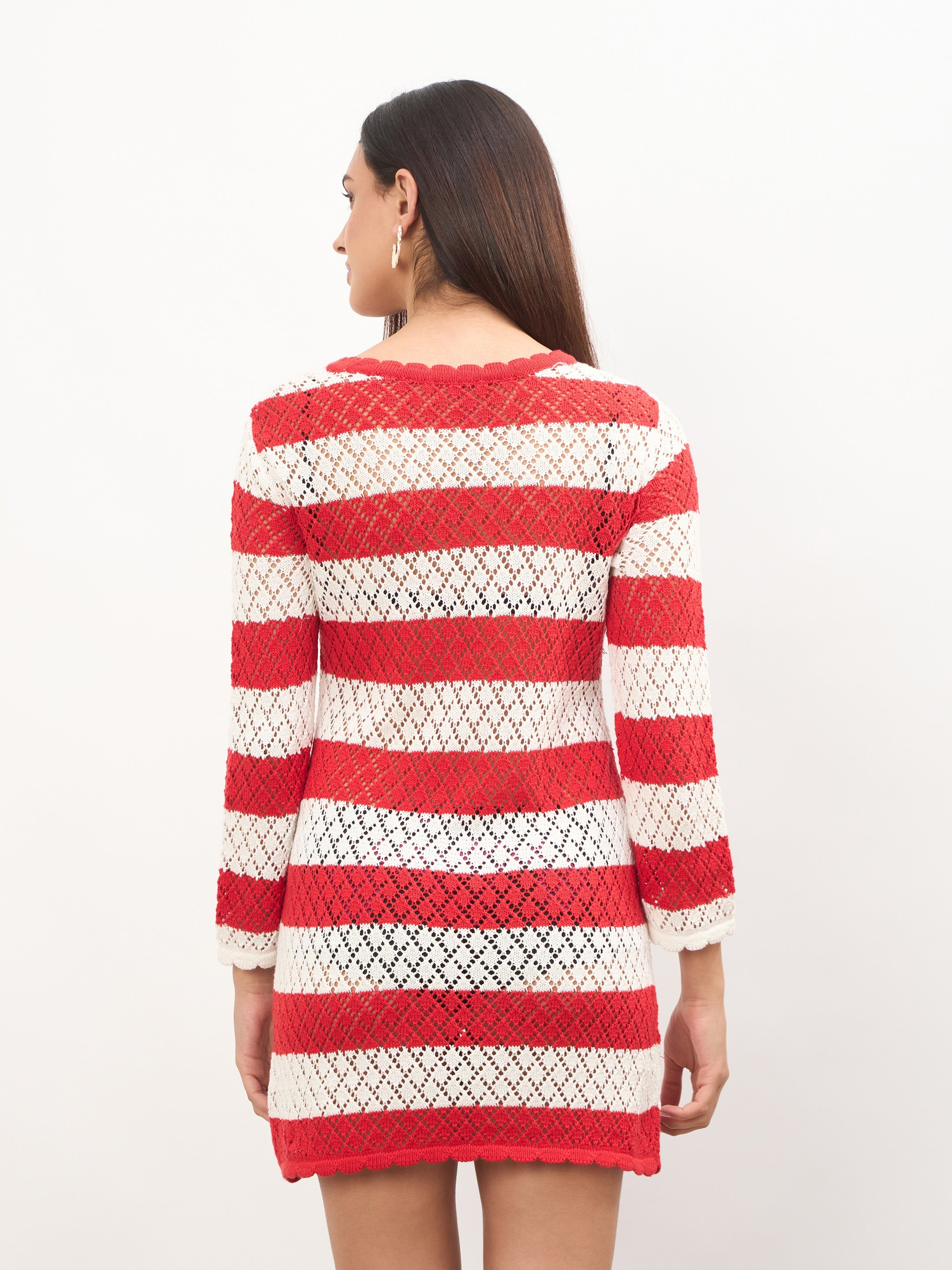 Women Red & White Crochet Full Sleeve Short Beach Dress