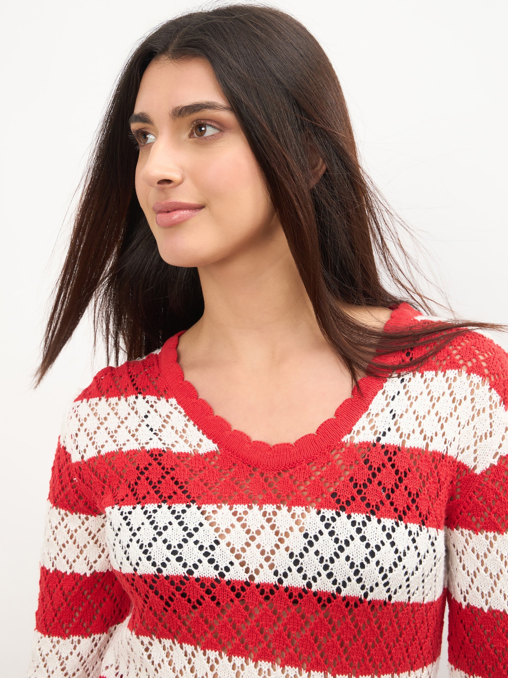 Women Red & White Crochet Full Sleeve Short Beach Dress