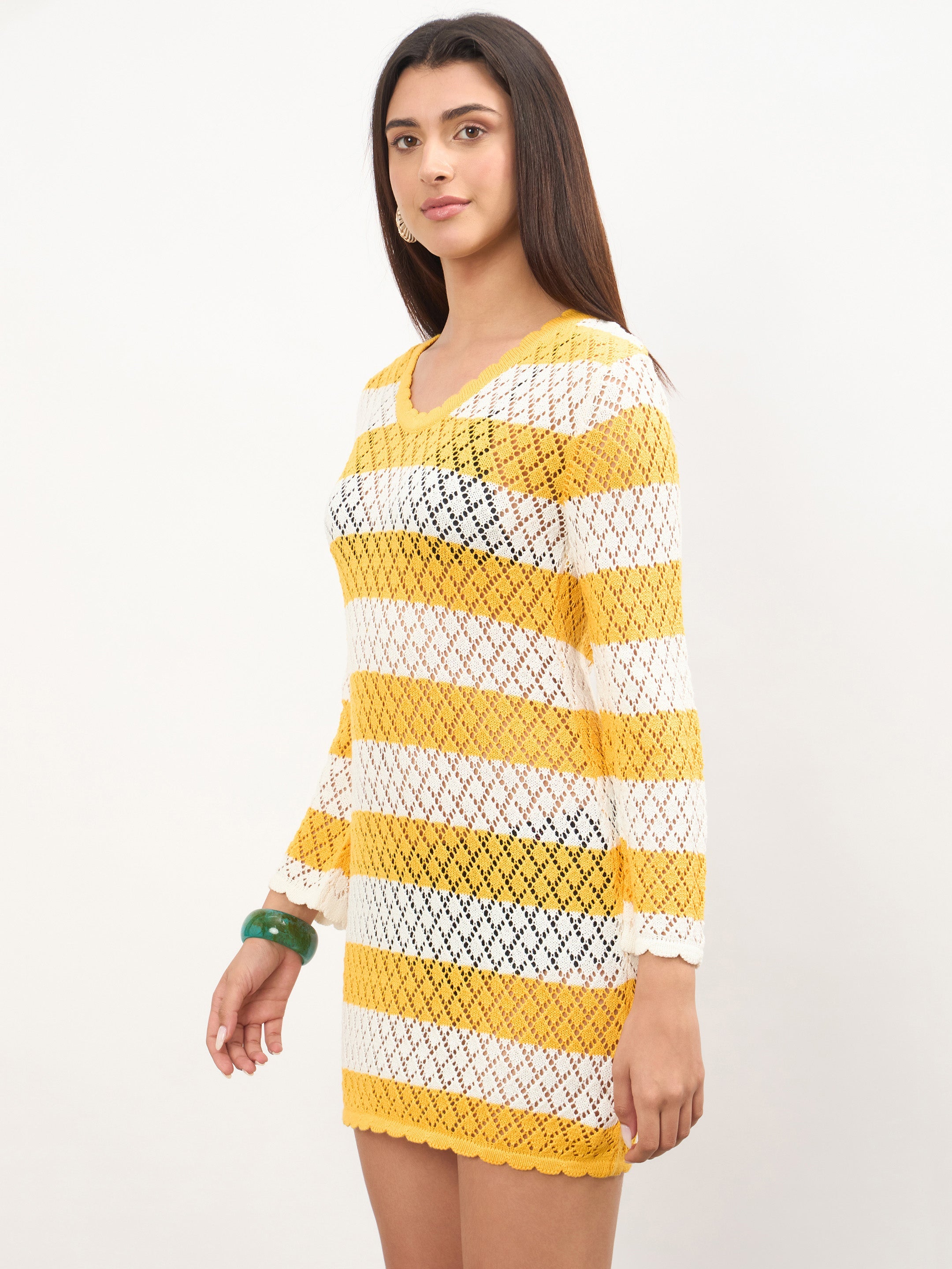 Women Mustard & White Crochet Full Sleeve Short Beach Dress