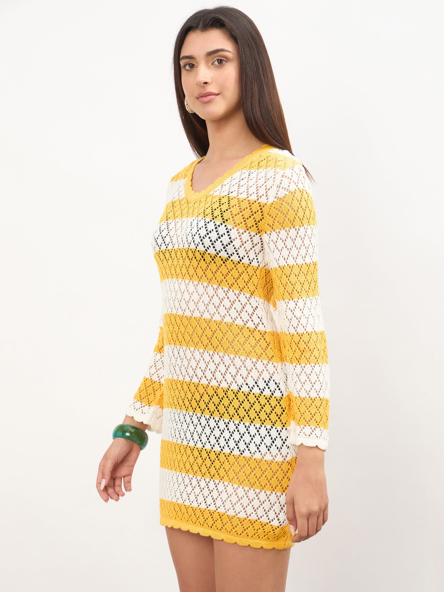 Women Mustard & White Crochet Full Sleeve Short Beach Dress