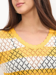 Women Mustard & White Crochet Full Sleeve Short Beach Dress