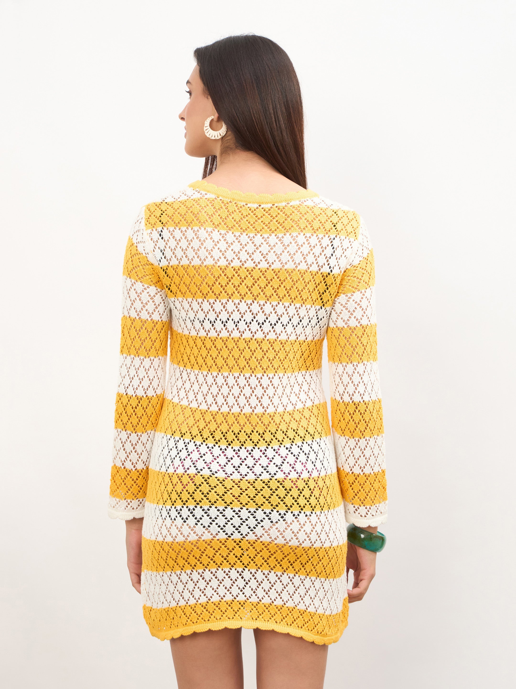 Women Mustard & White Crochet Full Sleeve Short Beach Dress