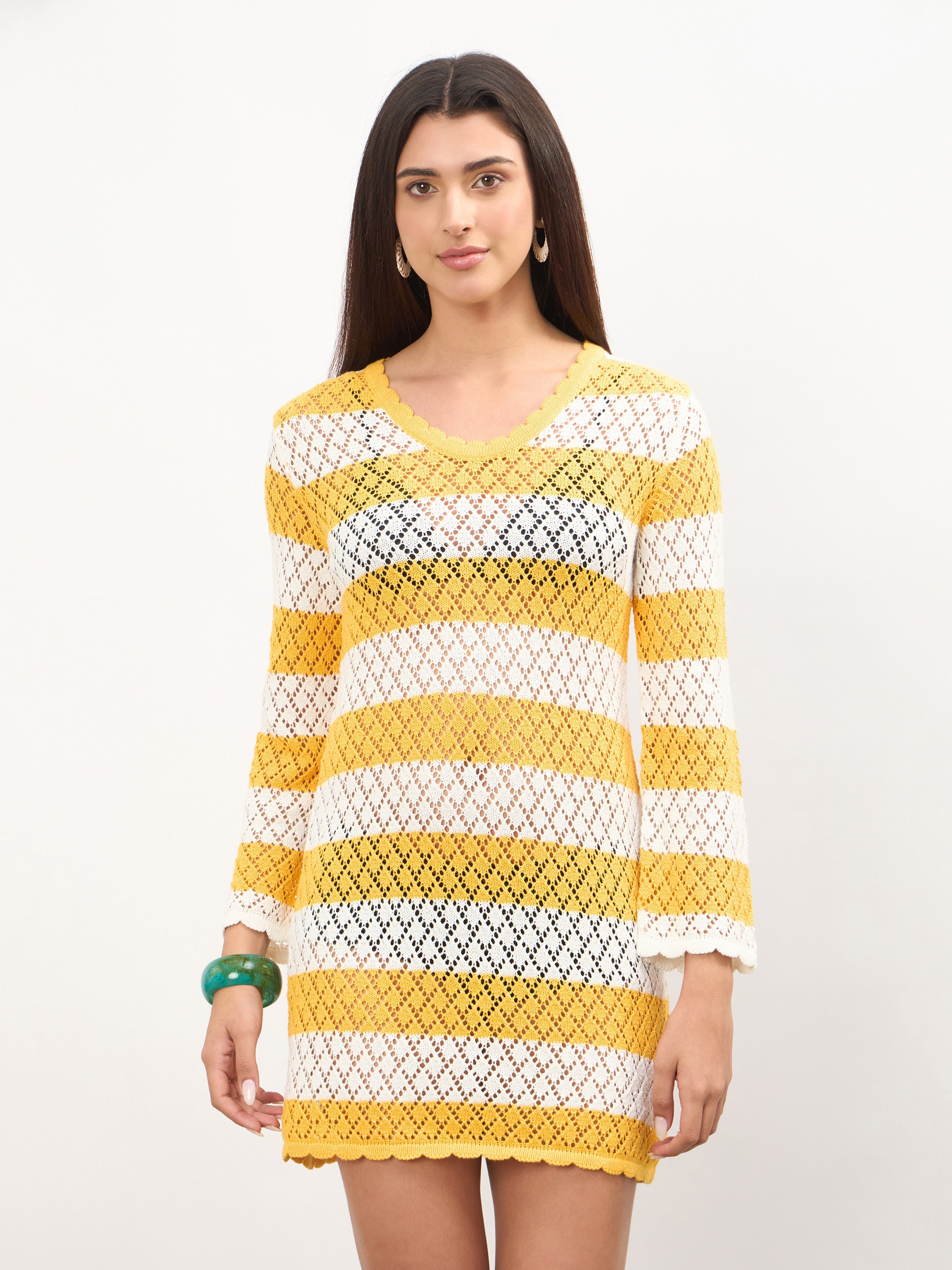 Women Mustard & White Crochet Full Sleeve Short Beach Dress