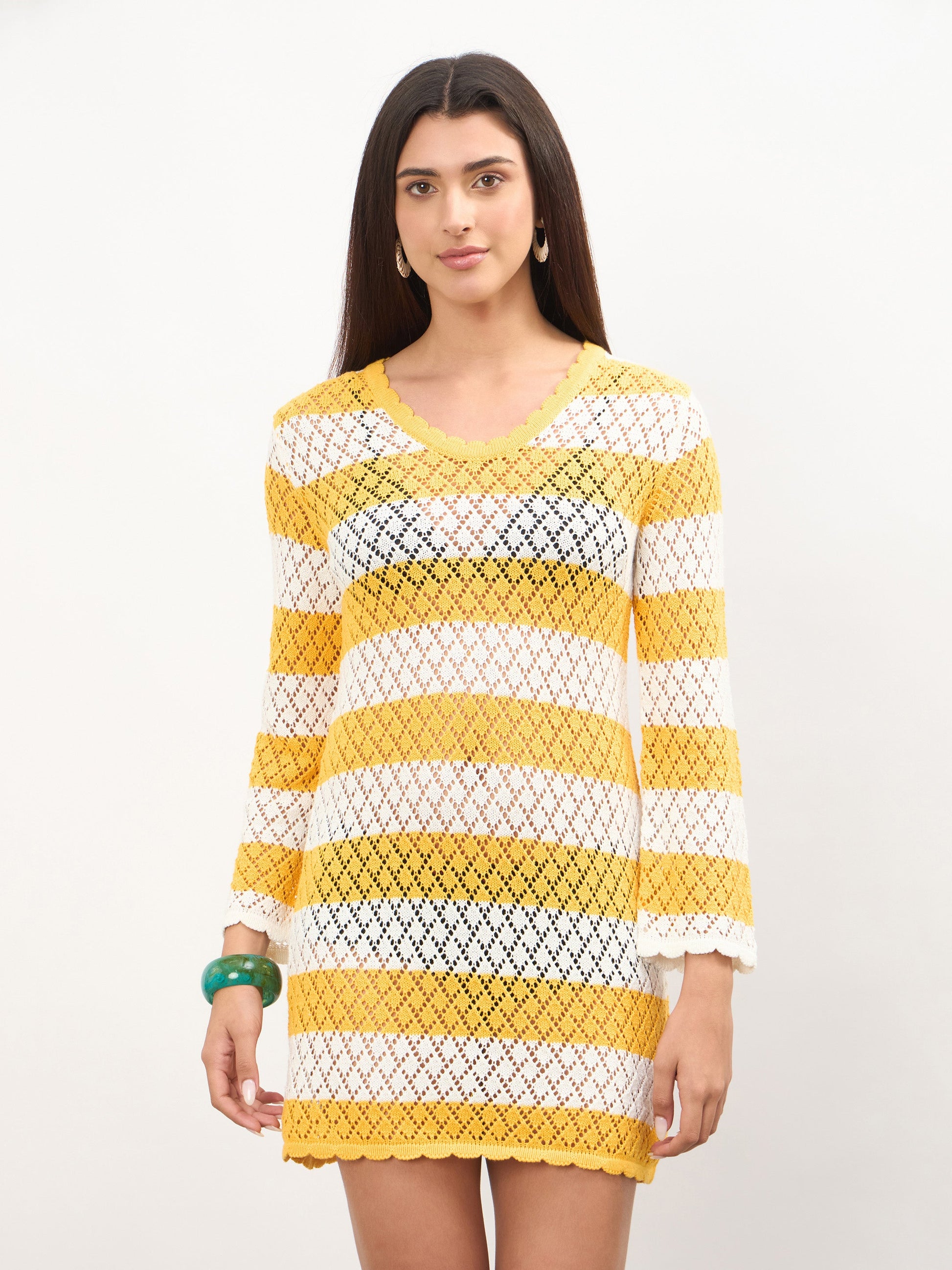 Women Mustard & White Crochet Full Sleeve Short Beach Dress