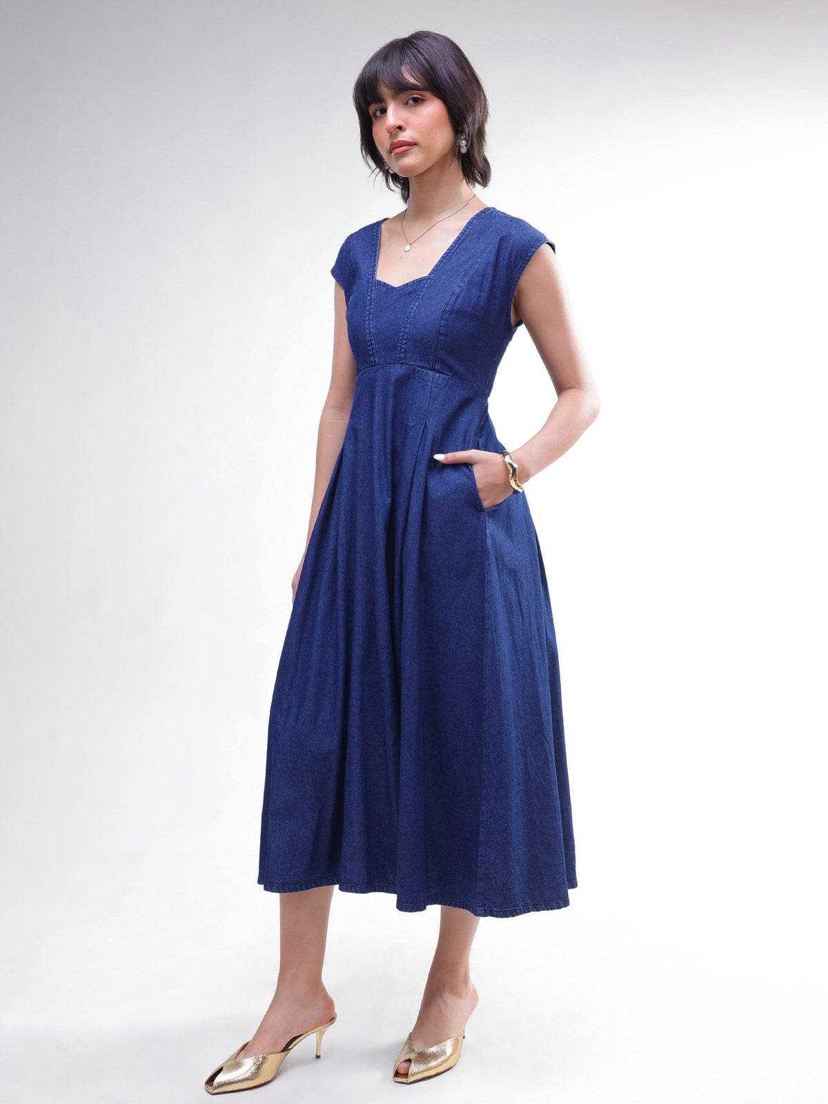 Navy Denim Sweetheart Neck A-Line Midi Dress-SASSAFRAS