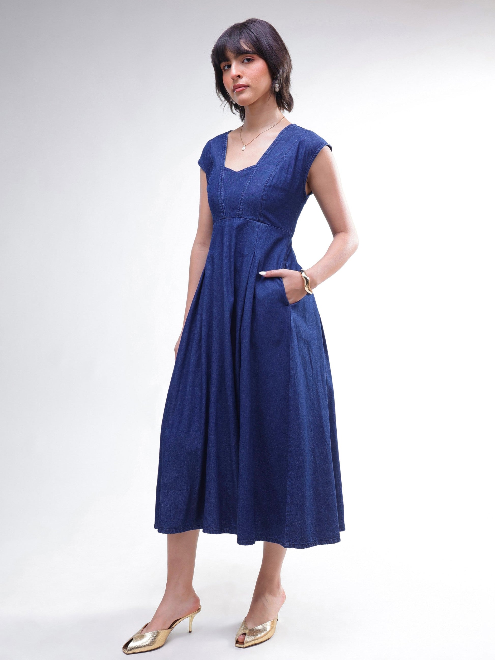 Navy Denim Sweetheart Neck A-Line Midi Dress-SASSAFRAS