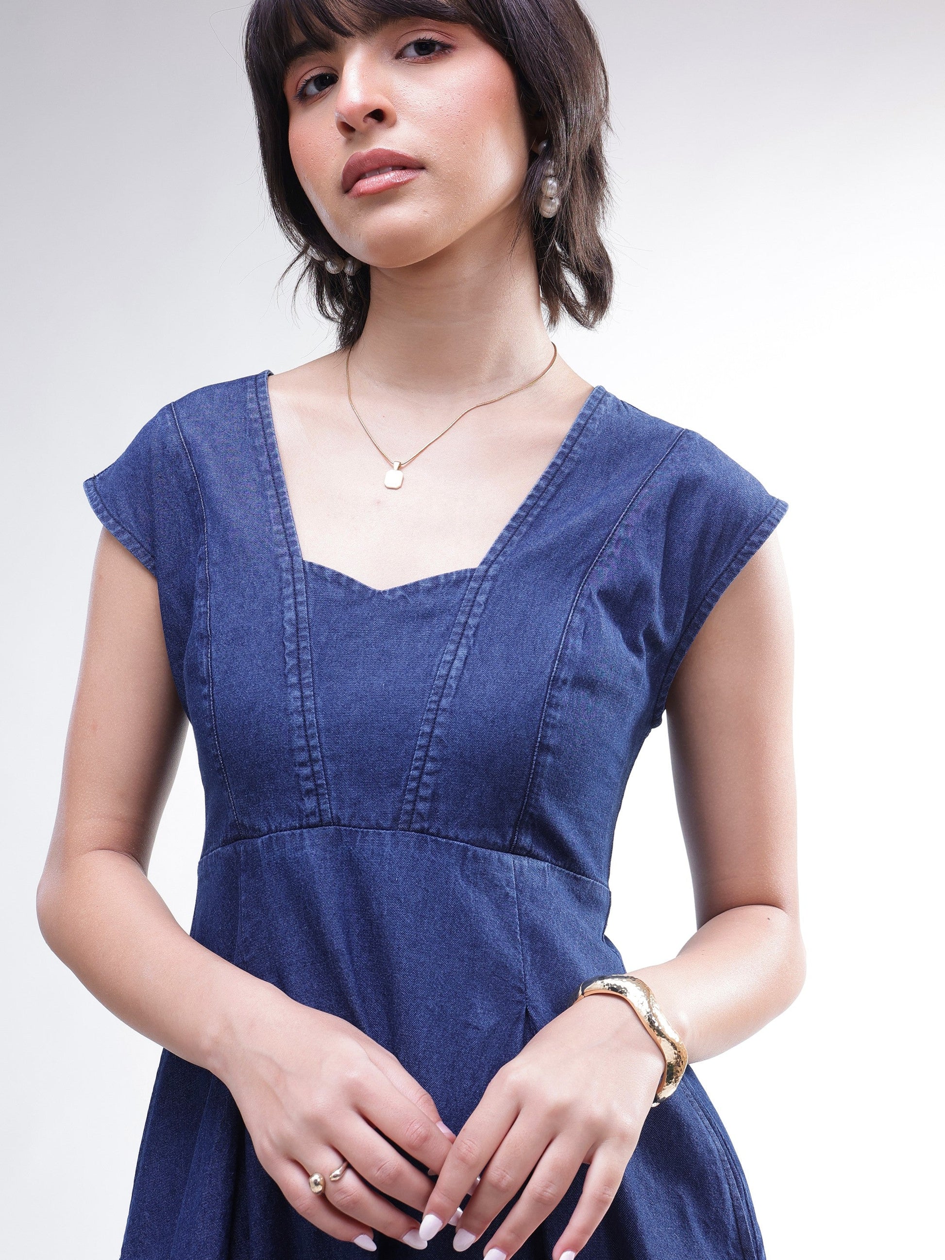 Navy Denim Sweetheart Neck A-Line Midi Dress-SASSAFRAS