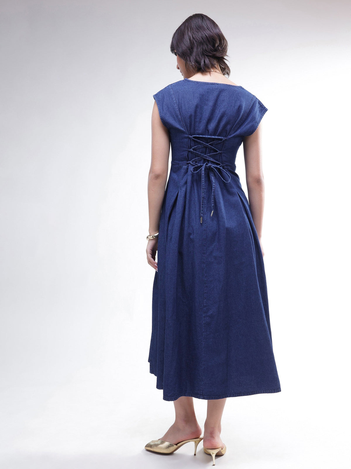 Navy Denim Sweetheart Neck A-Line Midi Dress-SASSAFRAS
