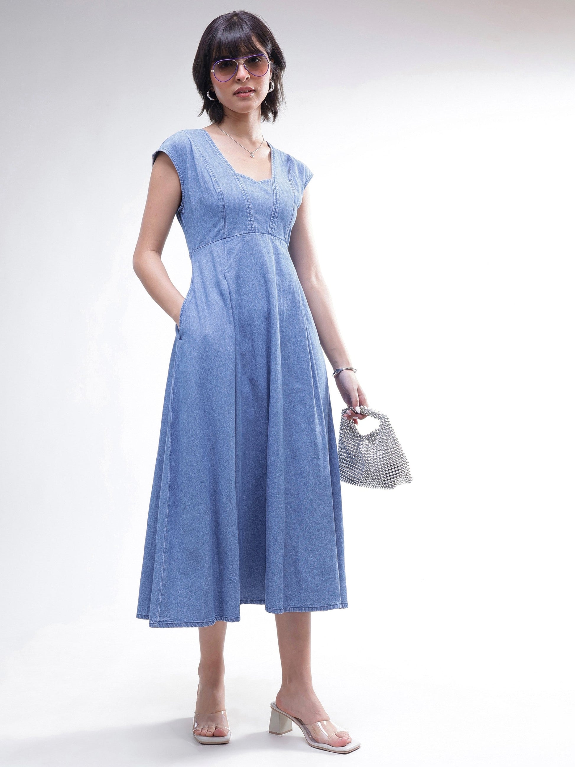 Blue Denim Sweetheart Neck A-Line Midi Dress-SASSAFRAS