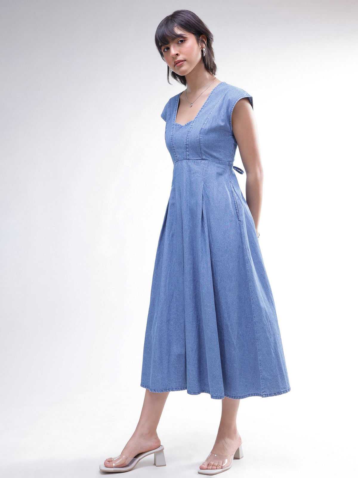 Blue Denim Sweetheart Neck A-Line Midi Dress-SASSAFRAS