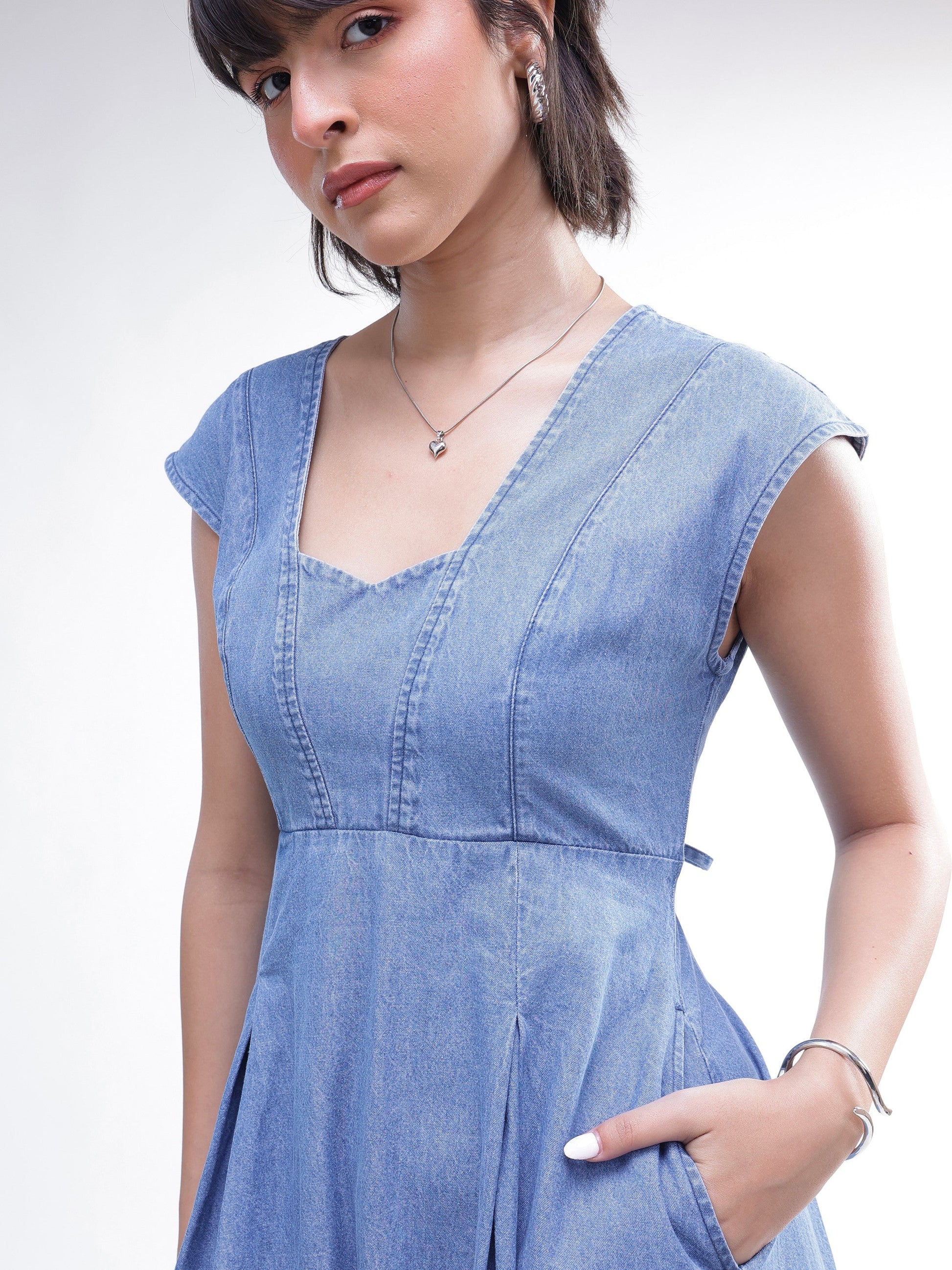 Blue Denim Sweetheart Neck A-Line Midi Dress-SASSAFRAS