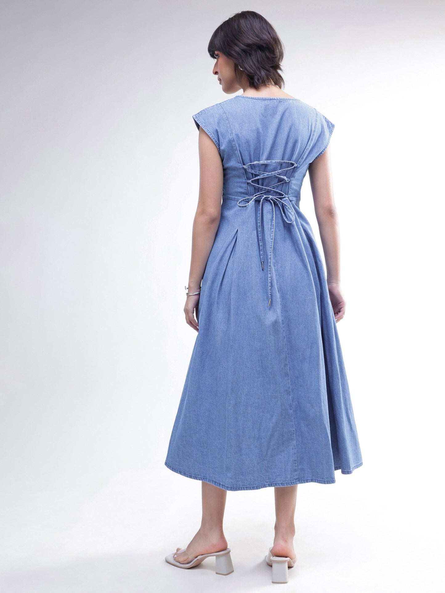 Blue Denim Sweetheart Neck A-Line Midi Dress-SASSAFRAS