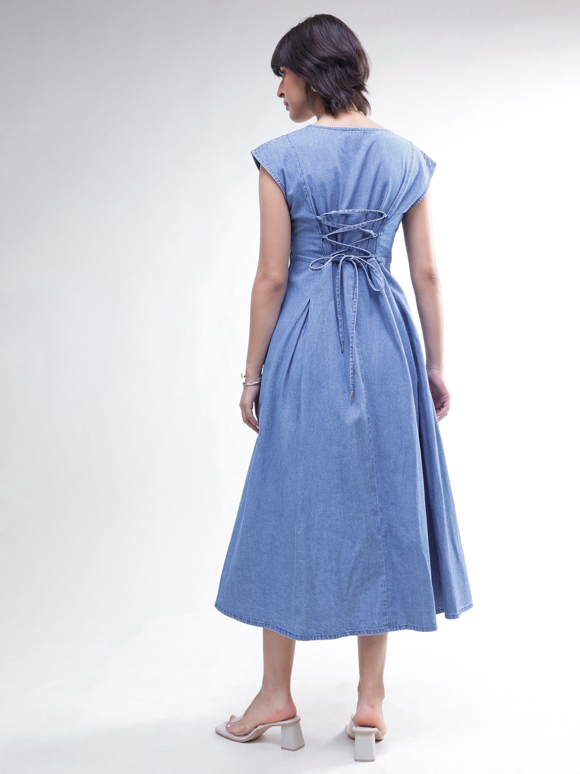 Blue Denim Sweetheart Neck A-Line Midi Dress-SASSAFRAS