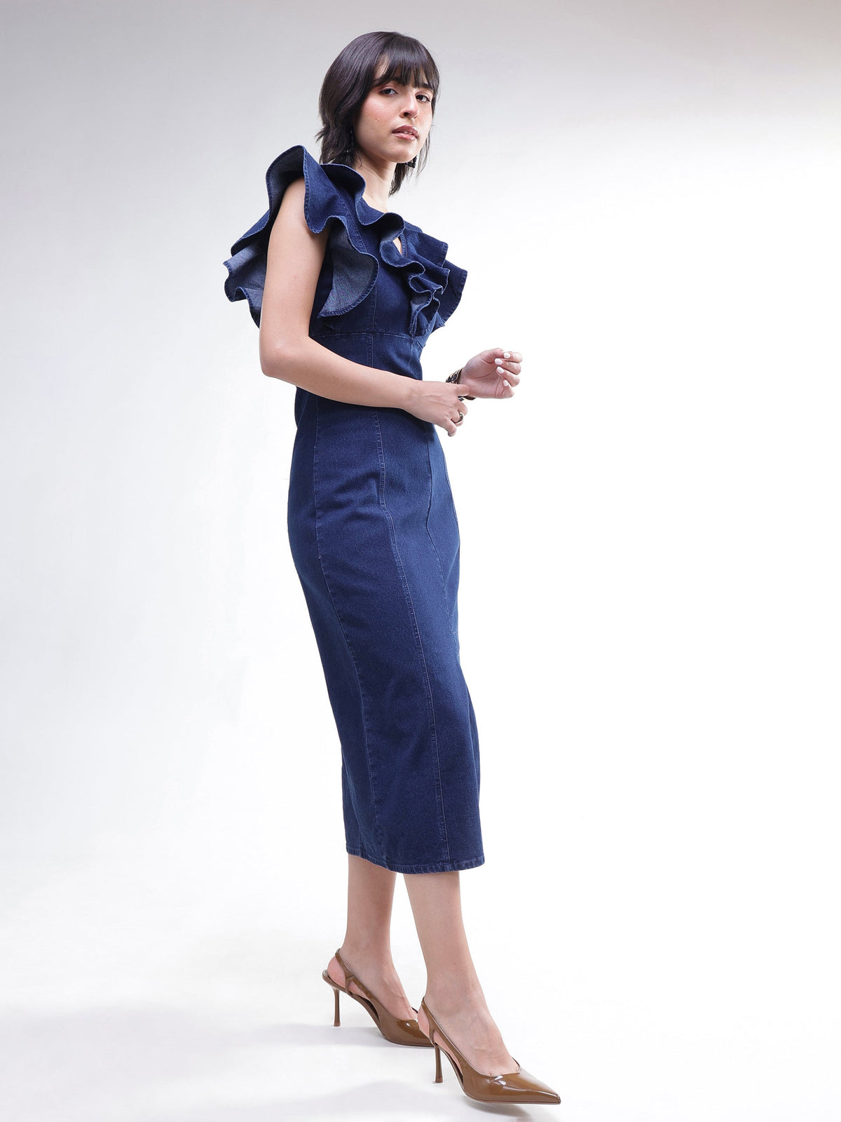 Navy V Neck Front Ruffle Midi Dress -SASSAFRAS