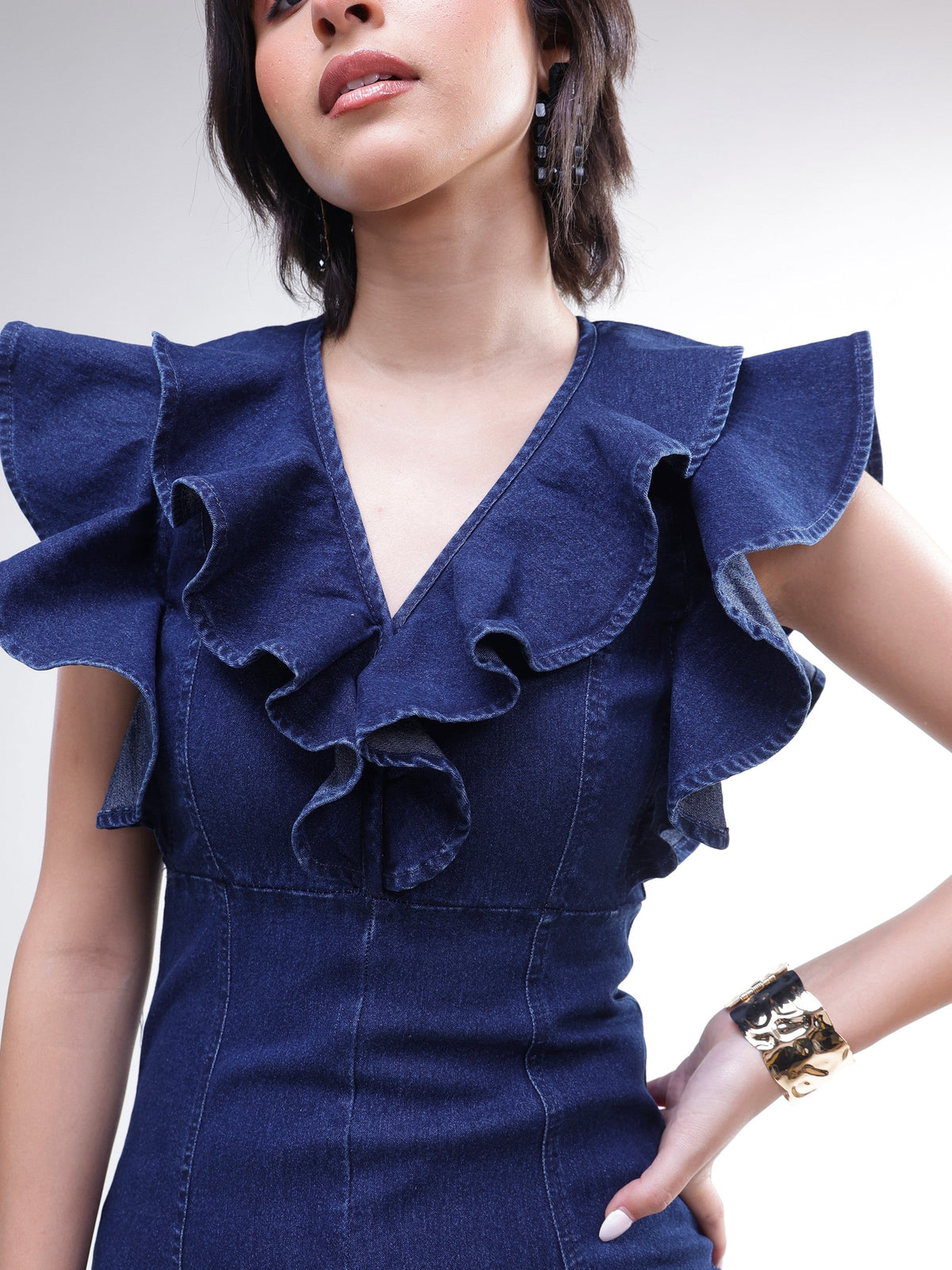Navy V Neck Front Ruffle Midi Dress -SASSAFRAS