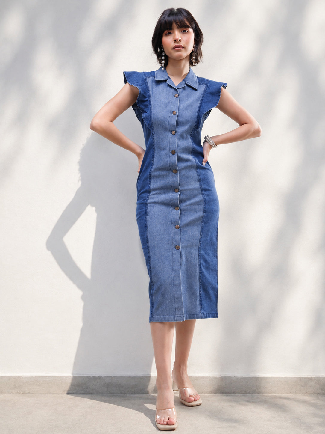 Blue Colour Block Denim Button Down Midi Dress -SASSAFRAS