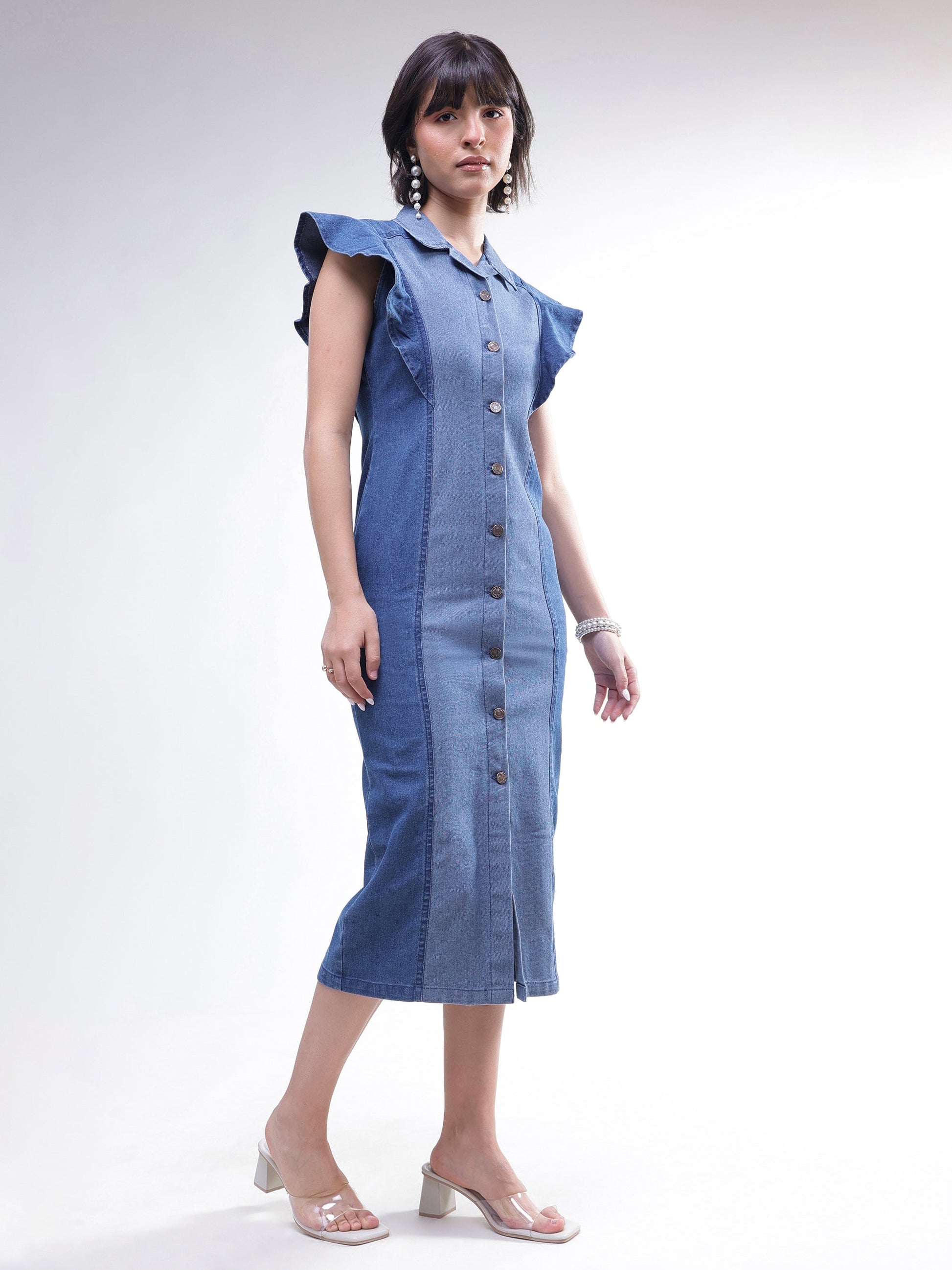 Blue Colour Block Denim Button Down Midi Dress -SASSAFRAS