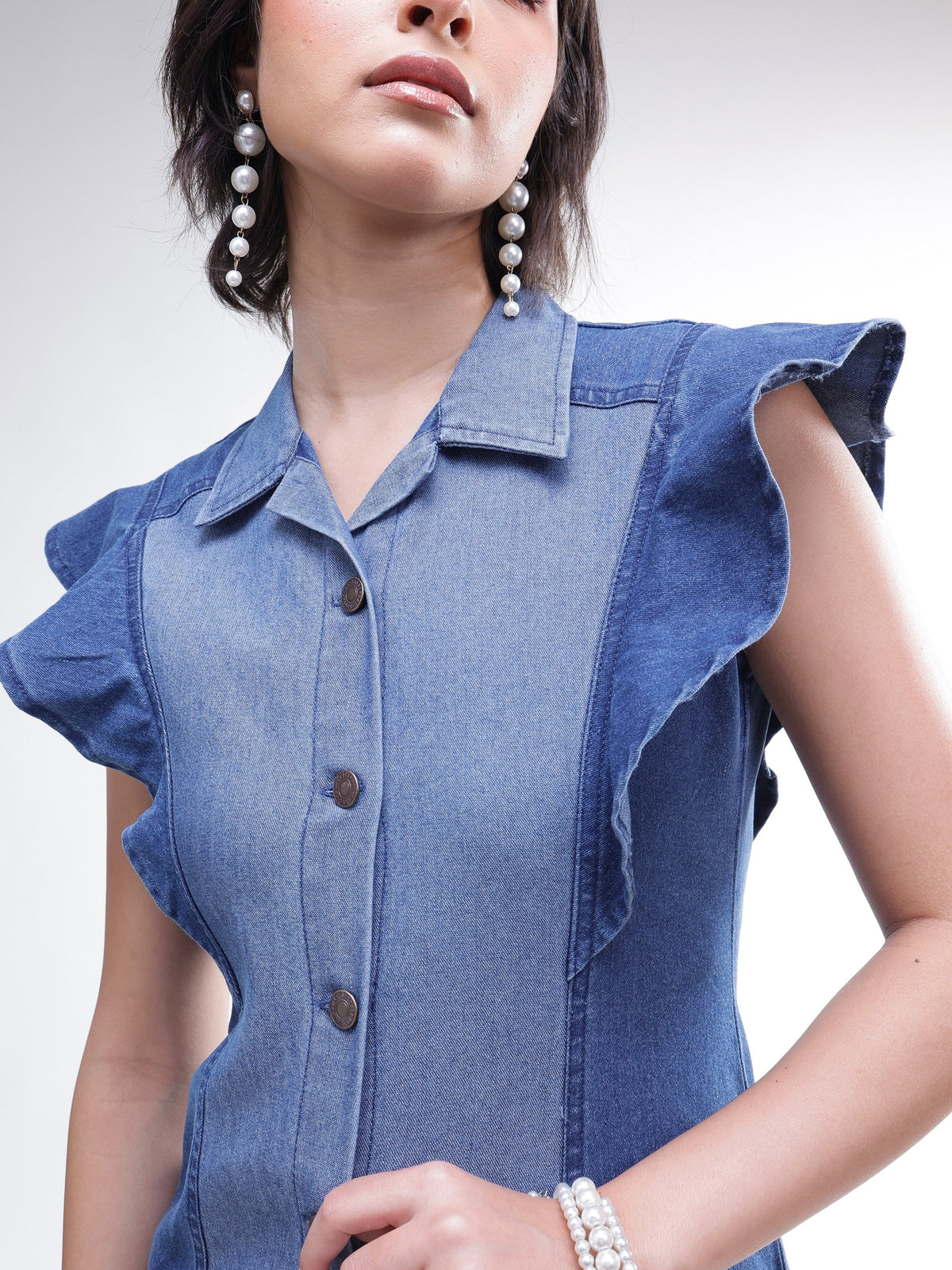 Blue Colour Block Denim Button Down Midi Dress -SASSAFRAS