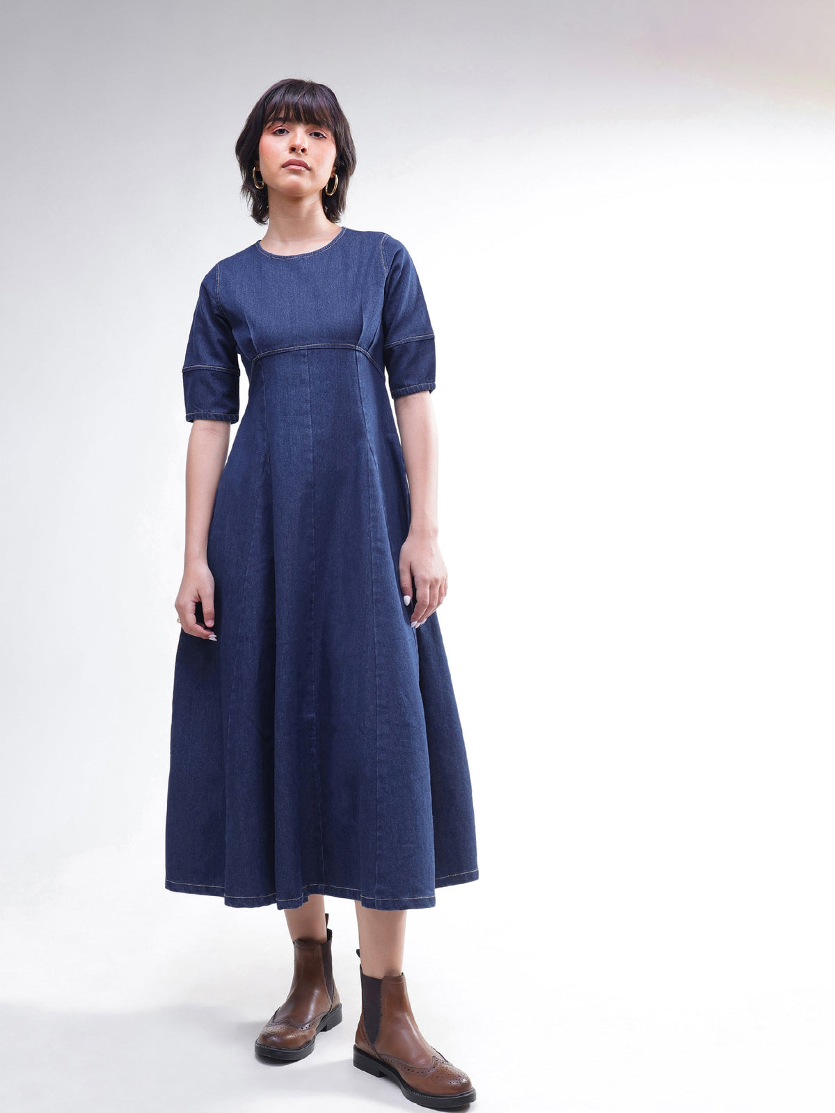 Navy Denim Short Sleeves Midi Dress-SASSAFRAS