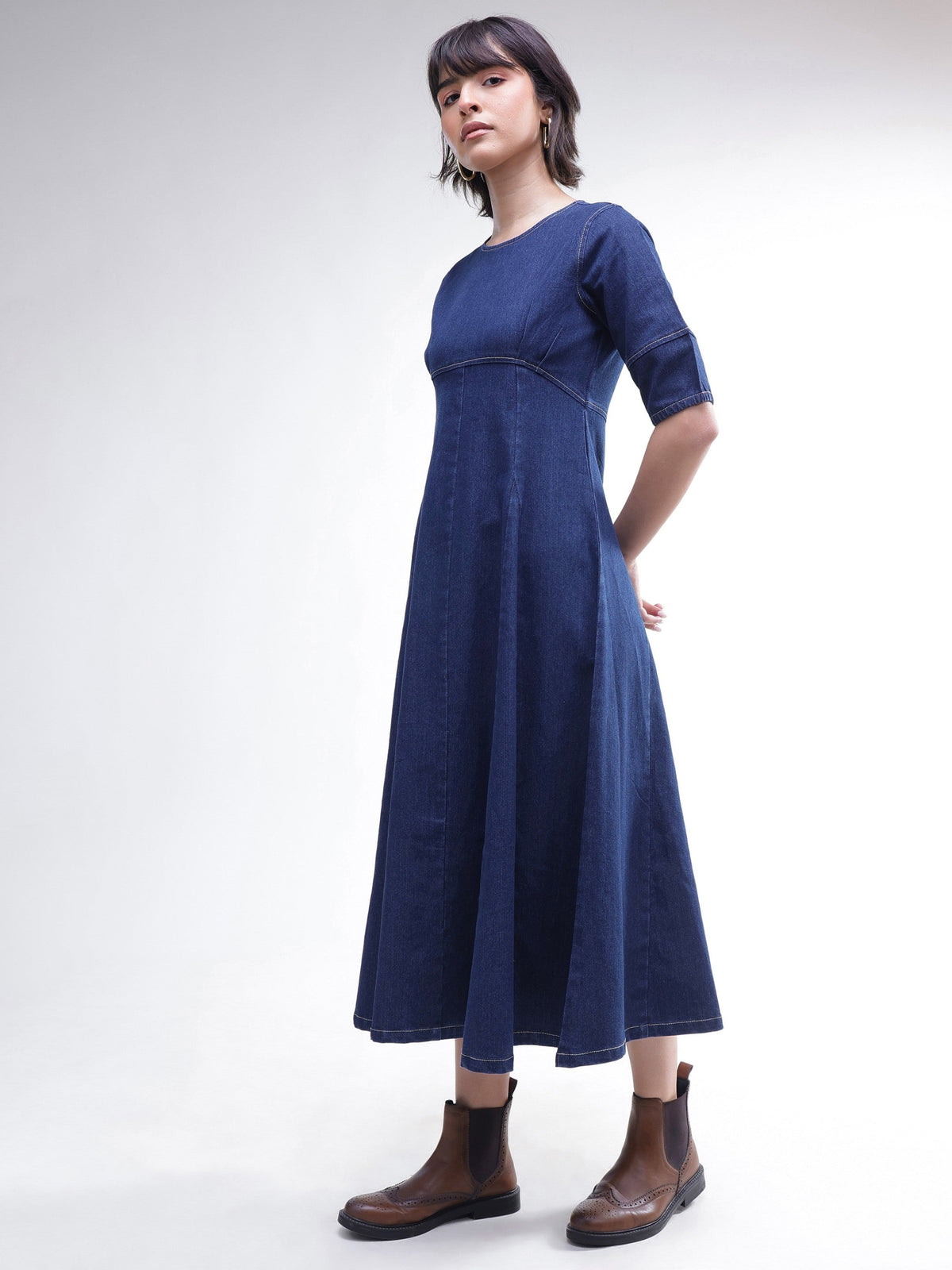 Navy Denim Short Sleeves Midi Dress-SASSAFRAS