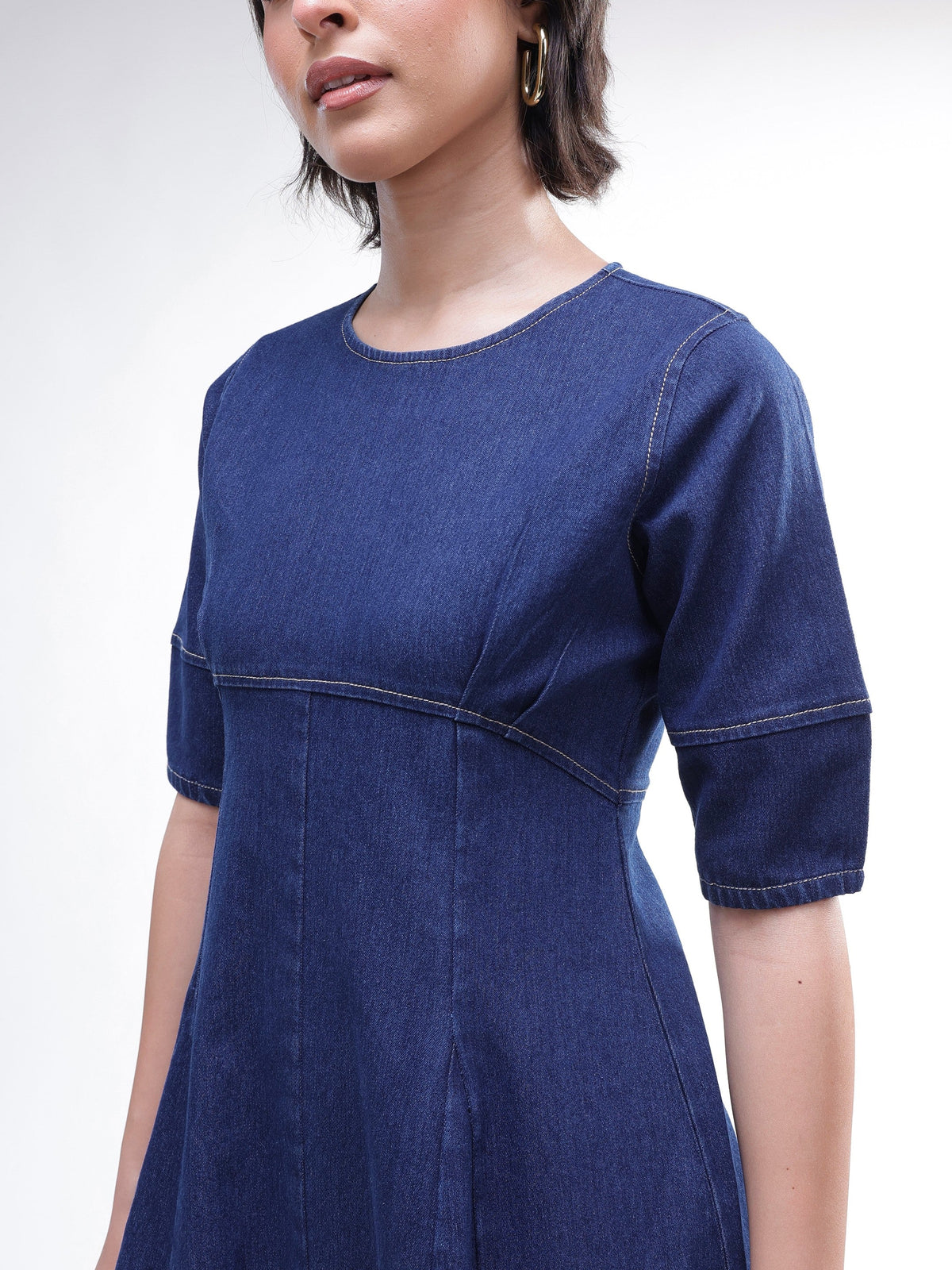 Navy Denim Short Sleeves Midi Dress-SASSAFRAS