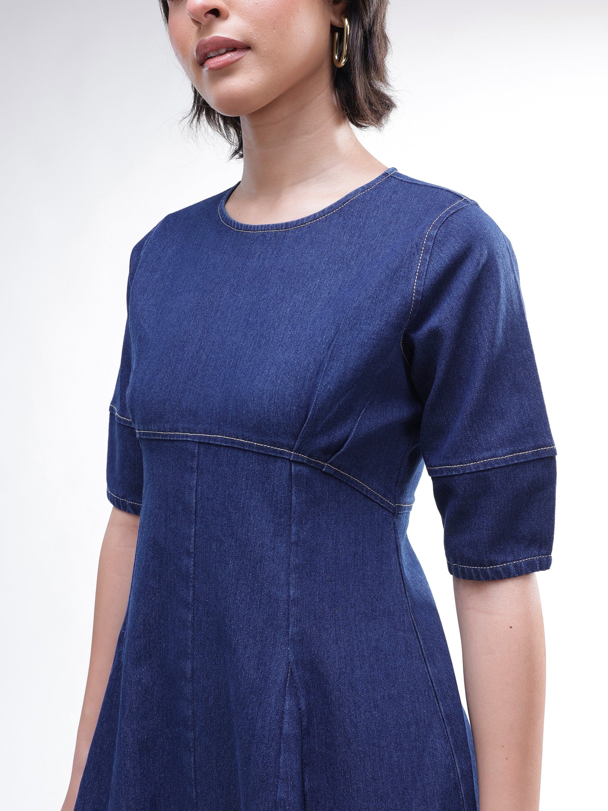 Navy Denim Short Sleeves Midi Dress-SASSAFRAS