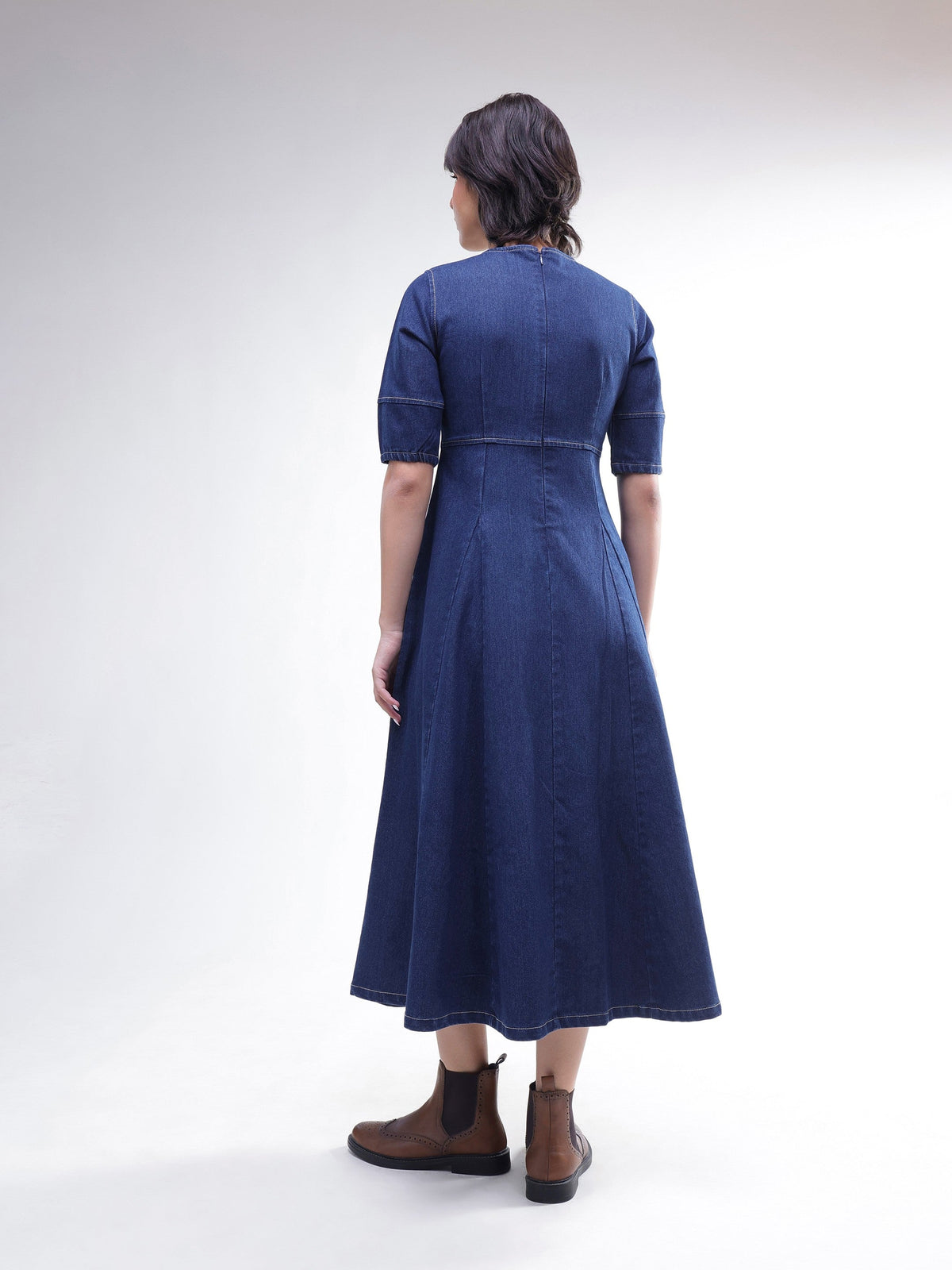 Navy Denim Short Sleeves Midi Dress-SASSAFRAS