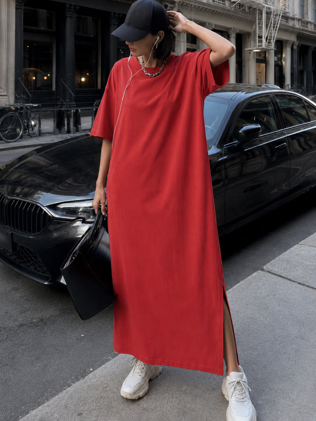 Red Oversized Round Neck T-Shirt Maxi Dress-SASSAFRAS BASICS