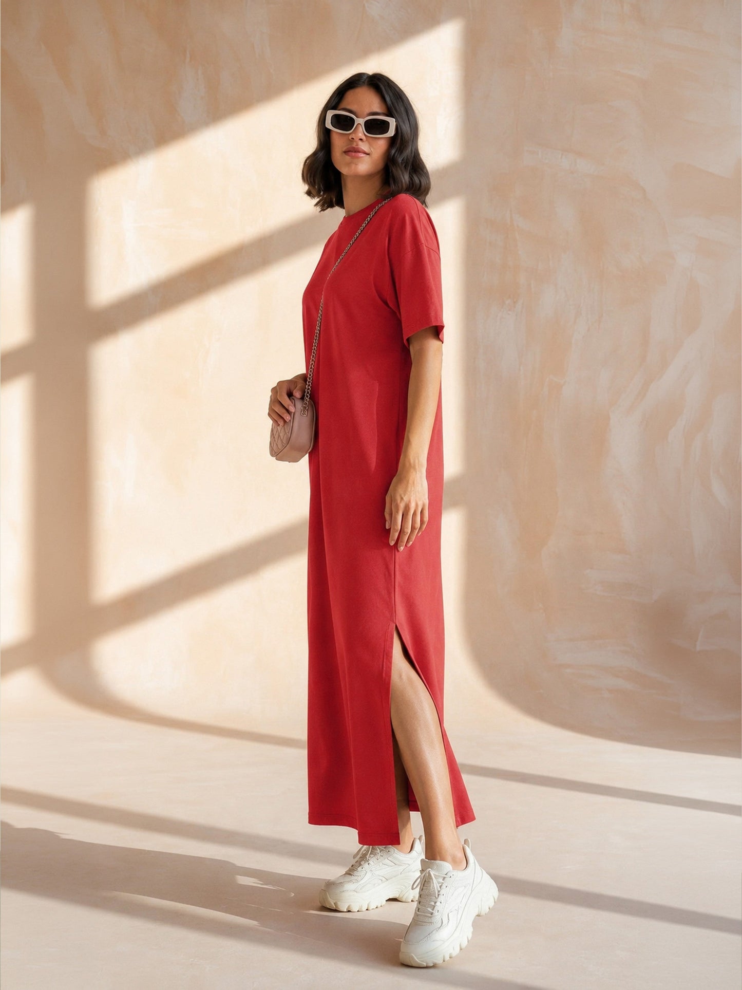 Red Oversized Round Neck T-Shirt Maxi Dress-SASSAFRAS BASICS