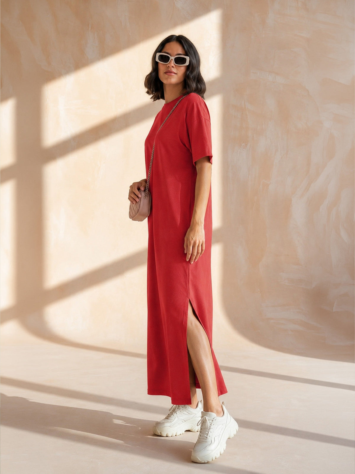 Red Oversized Round Neck T-Shirt Maxi Dress-SASSAFRAS BASICS