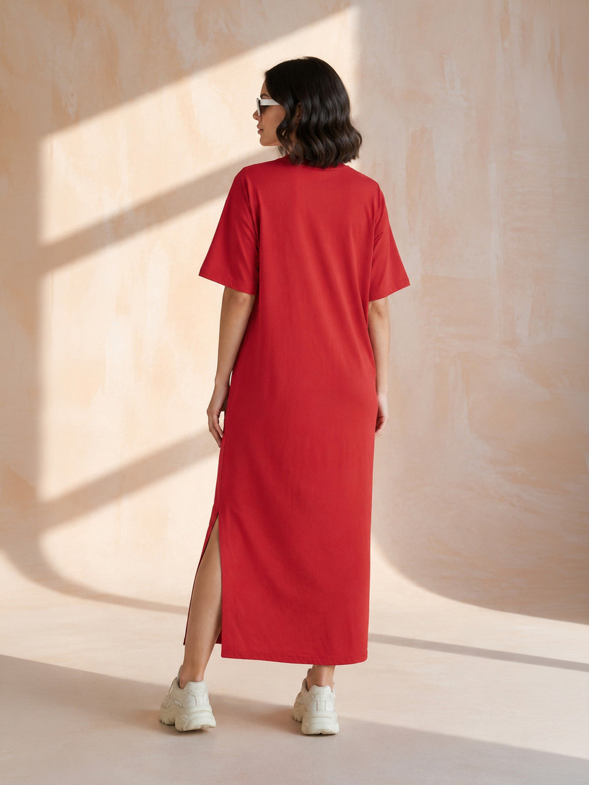 Red Oversized Round Neck T-Shirt Maxi Dress-SASSAFRAS BASICS