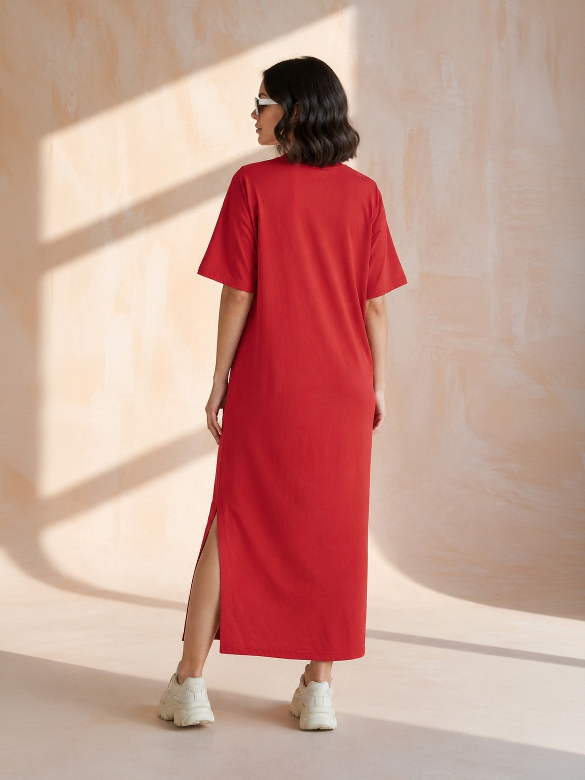 Red Oversized Round Neck T-Shirt Maxi Dress-SASSAFRAS BASICS