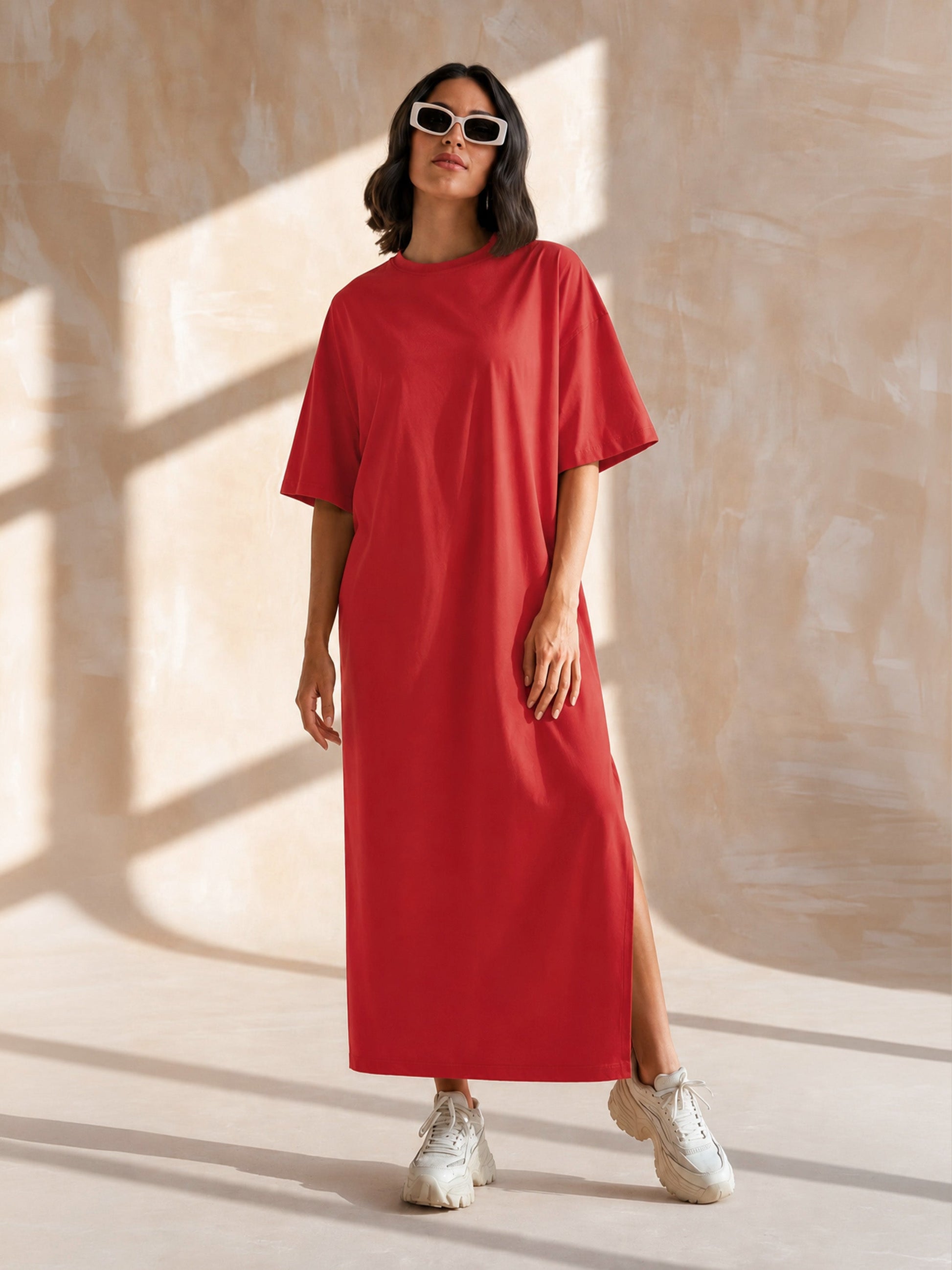 Red Oversized Round Neck T-Shirt Maxi Dress-SASSAFRAS BASICS