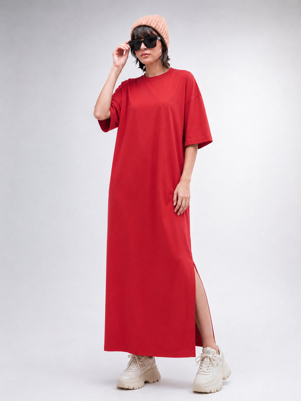 Red Oversized Round Neck T-Shirt Maxi Dress-SASSAFRAS BASICS