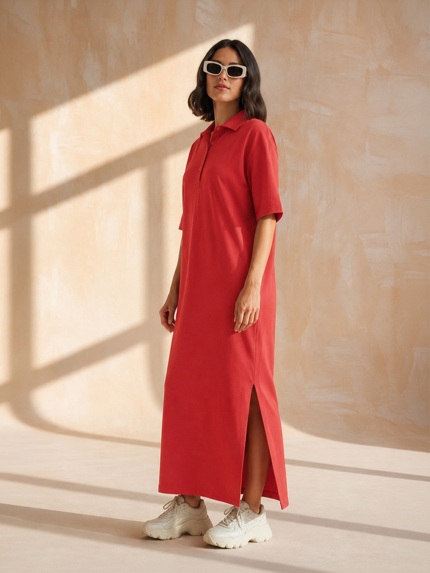 Red Oversized Polo Neck T-Shirt Maxi Dress-SASSAFRAS BASICS