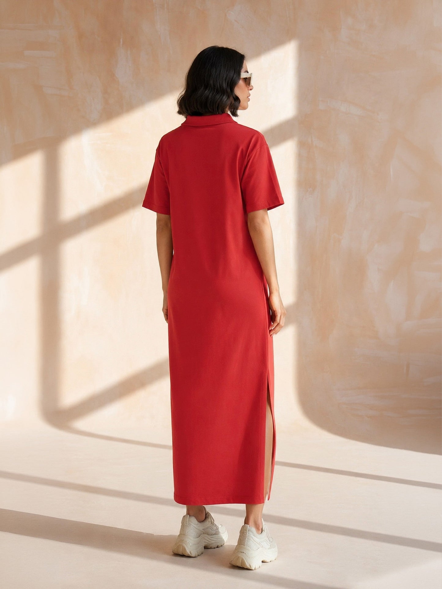 Red Oversized Polo Neck T-Shirt Maxi Dress-SASSAFRAS BASICS