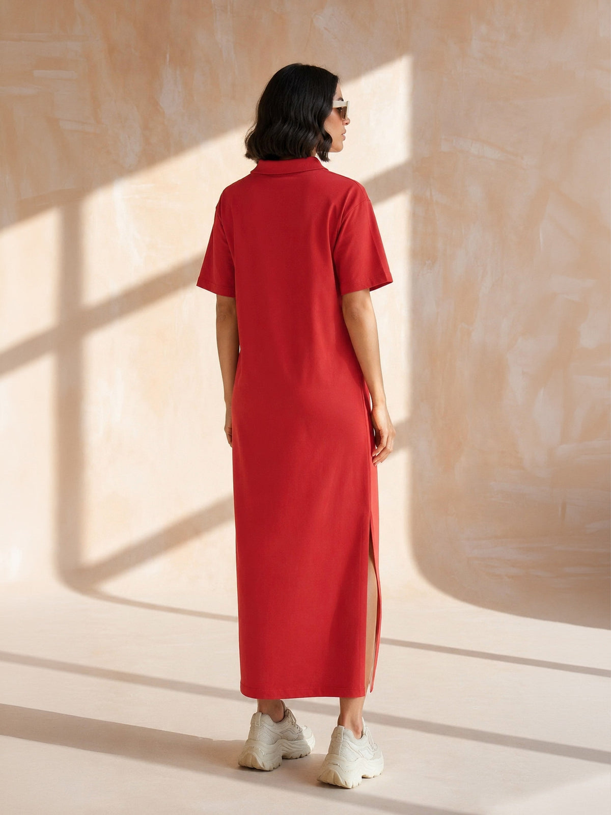 Red Oversized Polo Neck T-Shirt Maxi Dress-SASSAFRAS BASICS