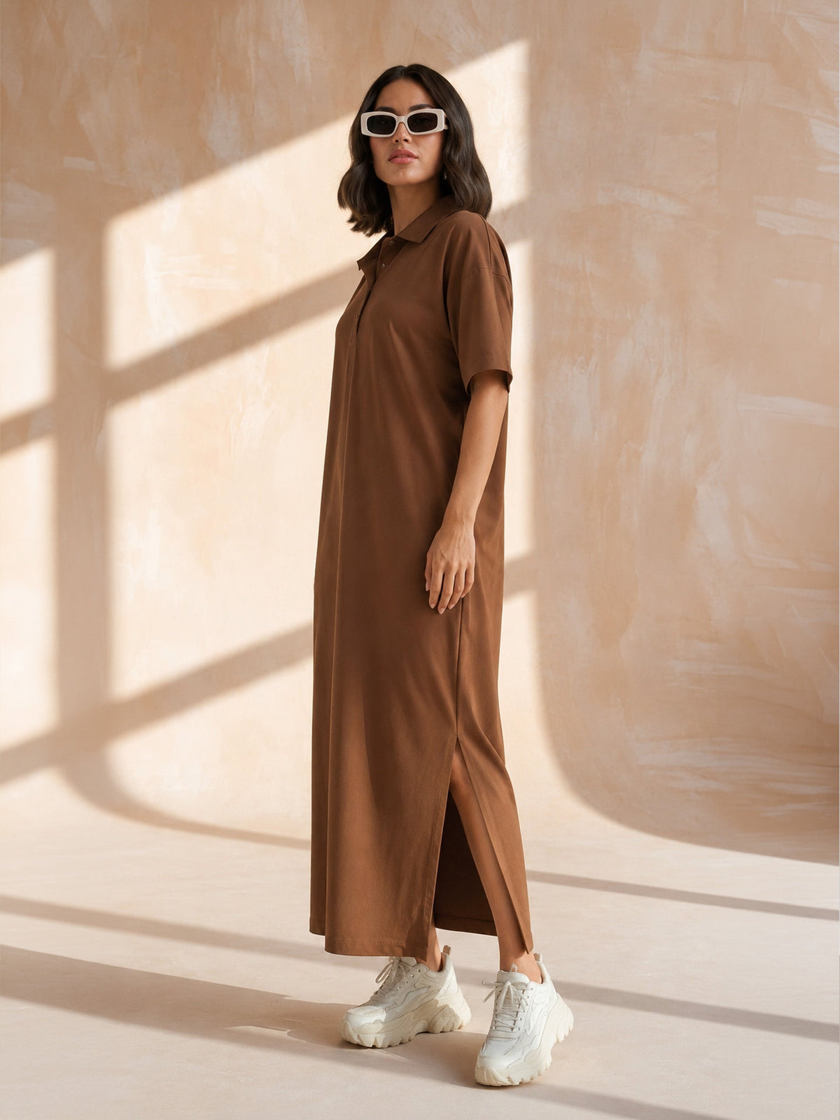 Brown Oversized Polo Neck T-Shirt Maxi Dress-SASSAFRAS BASICS
