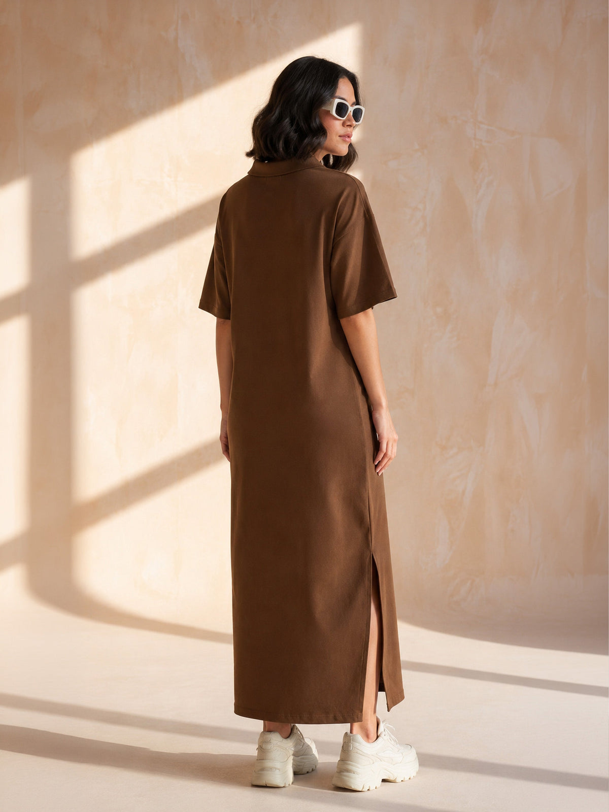 Brown Oversized Polo Neck T-Shirt Maxi Dress-SASSAFRAS BASICS