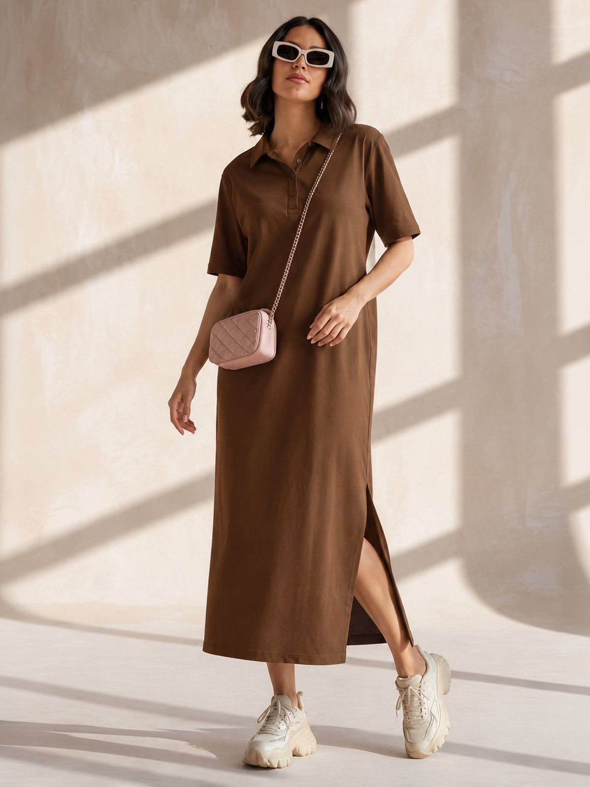 Brown Oversized Polo Neck T-Shirt Maxi Dress-SASSAFRAS BASICS
