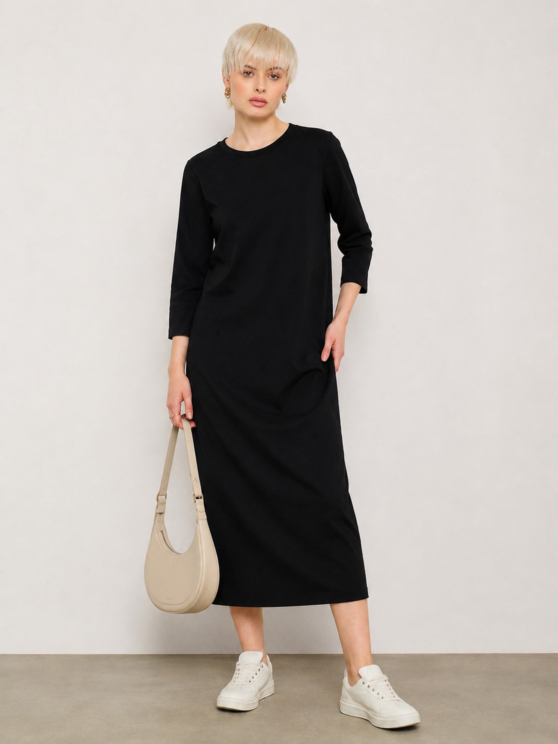 Black Long Sleeves T-Shirt Maxi Dress-SASSAFRAS BASICS