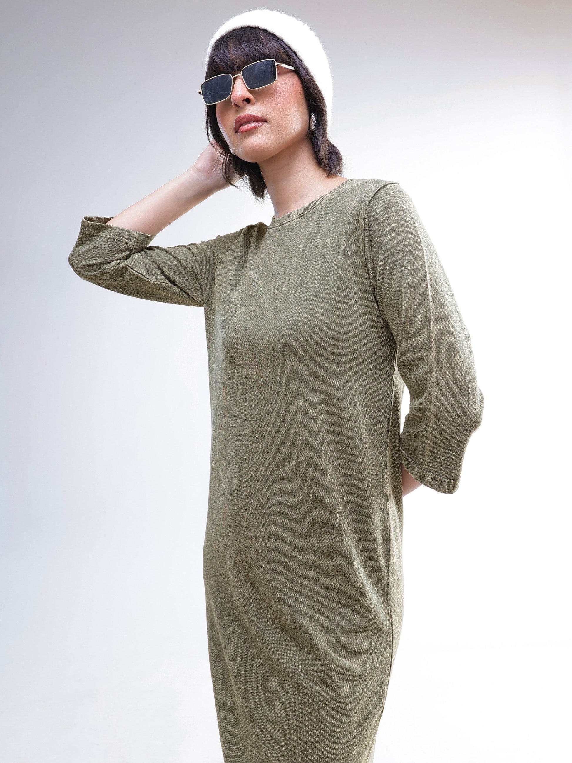 Green Overdyed Long Sleeves T-Shirt Maxi Dress-SASSAFRAS BASICS